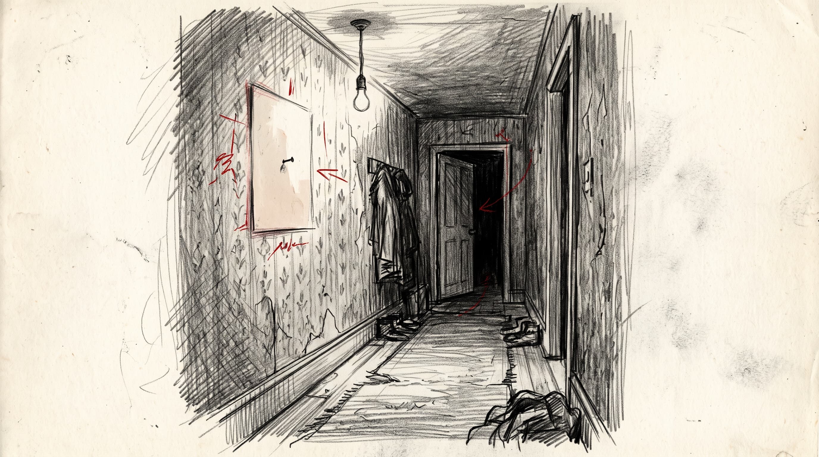 Pencil storyboard sketch of a dark hallway with an empty rectangle where a photo used to hang