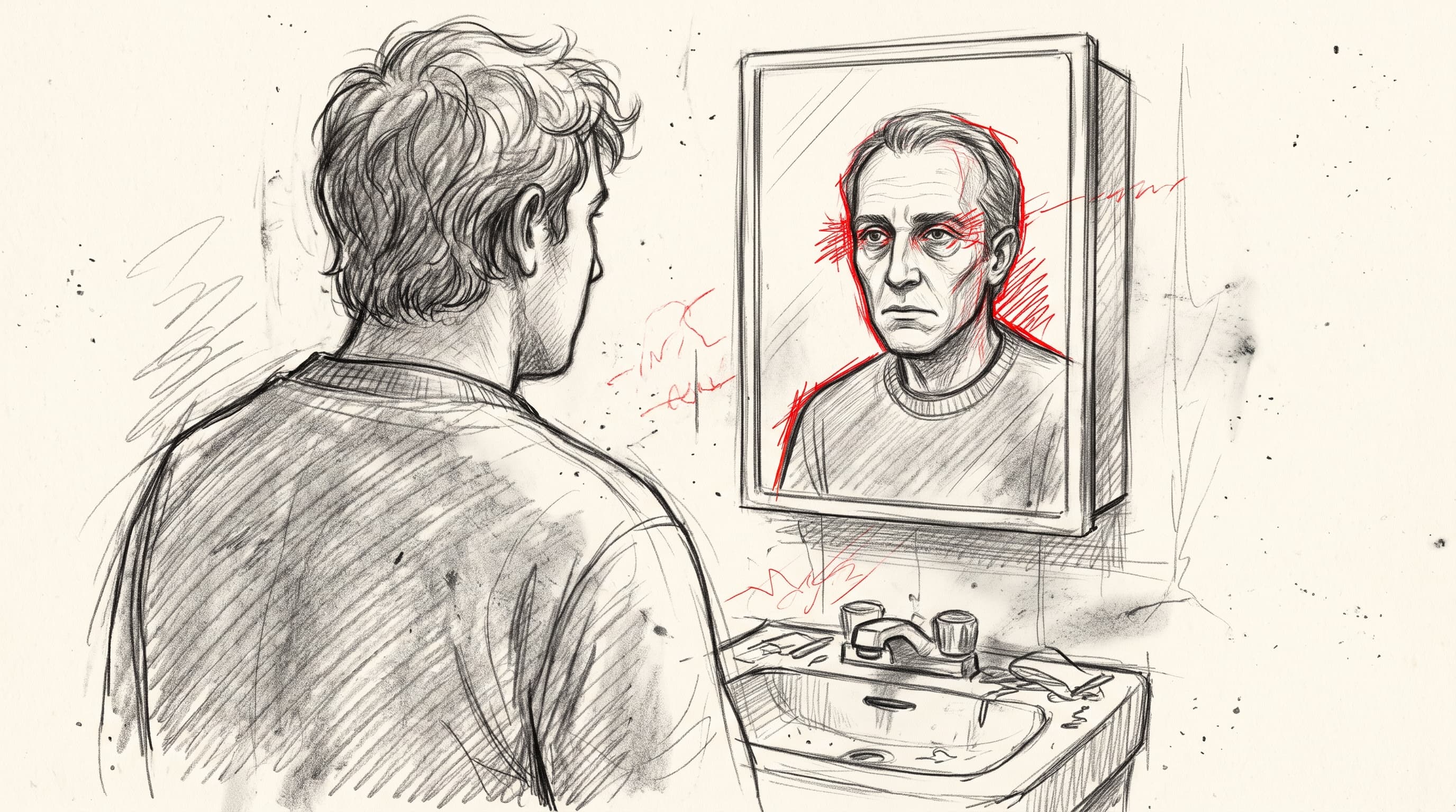 Pencil storyboard sketch of a man looking into a mirror where a different man looks back